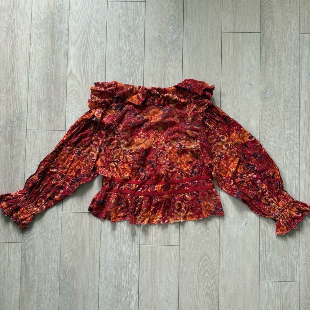 NWT Free People Rudi Ruffle Cropped Top Cherry Floral Blouse Boho - Picture 3 of 12